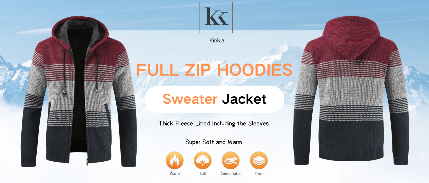 Kinkia Men's Zip Up Hoodies Casual Long Sleeve Full Zipper Sherpa